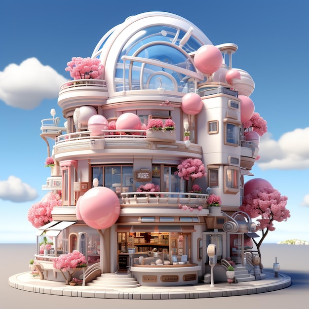 An illustration of a very cute pink building