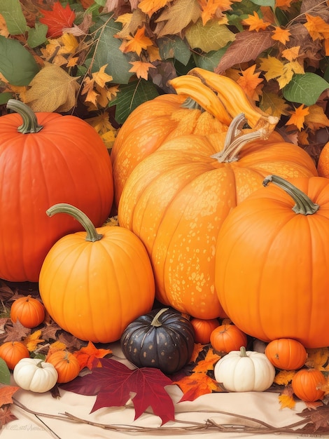 Illustration of a vibrant autumn still life with pumpkins and colorful leaves created with Generative AI technology