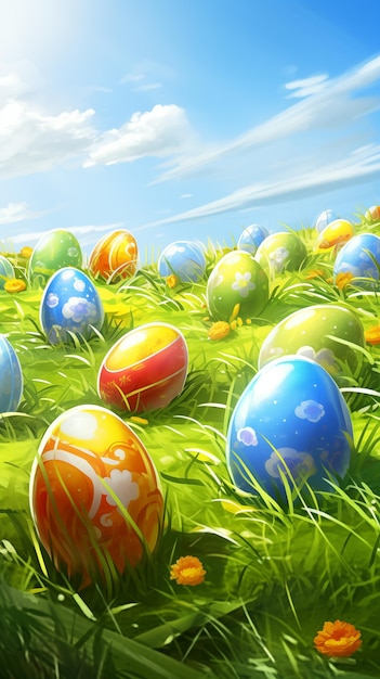 Illustration of vibrant Easter eggs scattered across grassy field under blue sky Easter greeting card phone wallpaper