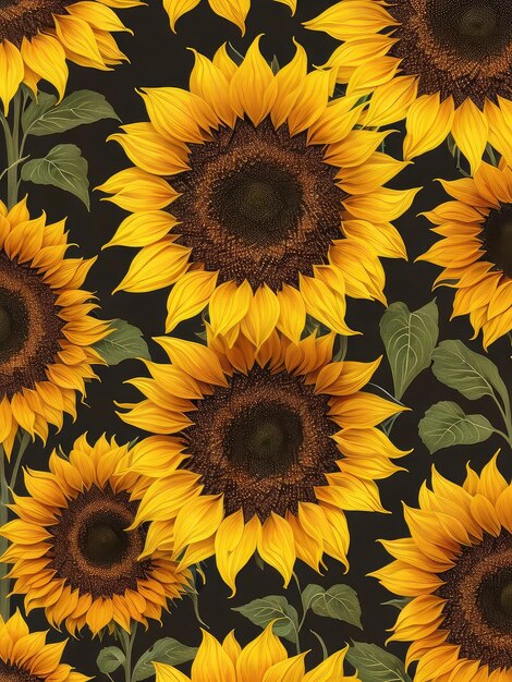 Illustration of a vibrant field of sunflowers with lush green foliage created with Generative AI technology