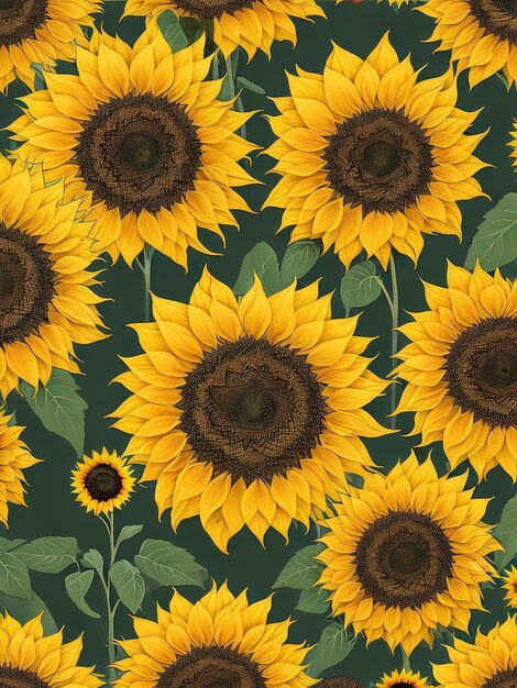 Illustration of a vibrant field of sunflowers with lush green foliage created with Generative AI technology