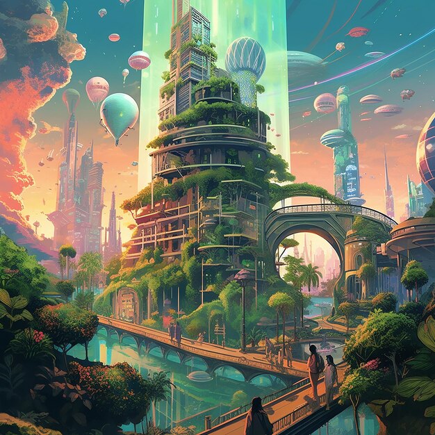 Illustration a vibrant future city Concept