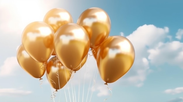 Illustration of a vibrant of gold balloons in the sky
