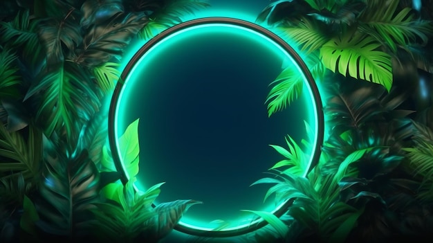 Illustration of a vibrant green neon frame surrounded by lush tropical leaves