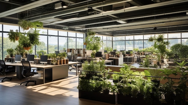 Illustration of a vibrant and green office space filled with an abundance of plants