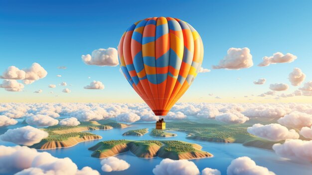 An illustration of a vibrant hot air balloon shaped like the Earth