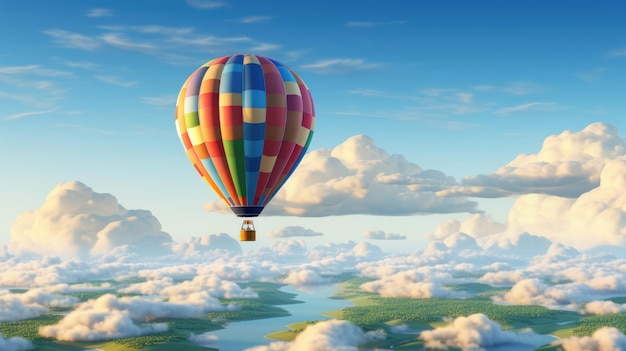 An illustration of a vibrant hot air balloon shaped like the Earth