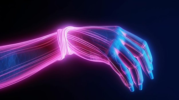 Photo illustration of a vibrant light painting of a hand in pink and blue hues