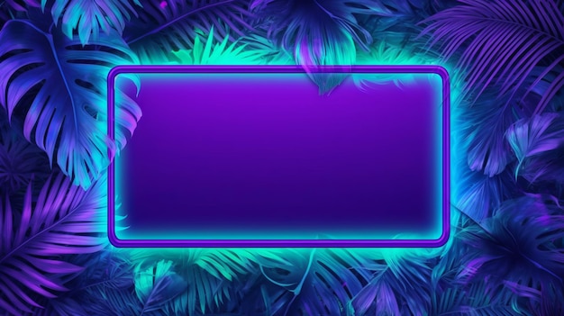 Illustration of a vibrant purple neon frame surrounded by lush tropical foliage