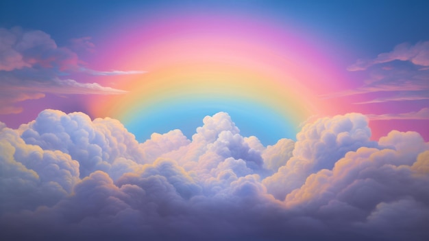 Illustration of a vibrant rainbow painted across a cloudy sky