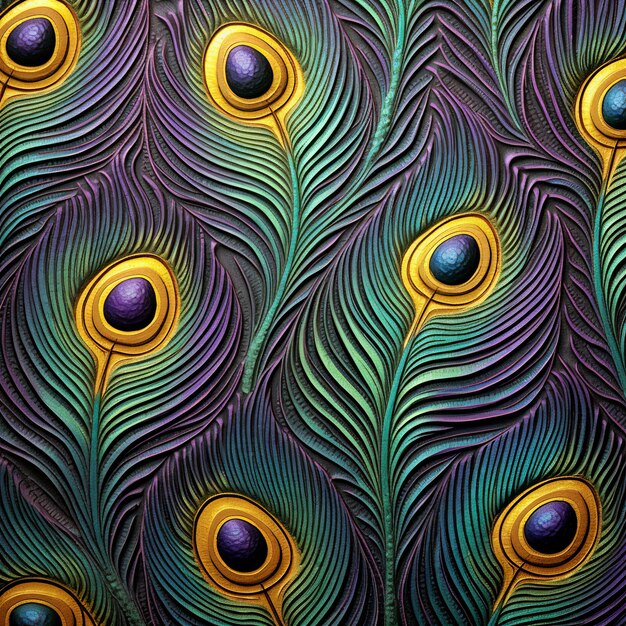 Photo illustration of vibrant symmetrical vintage demask peacock feathers