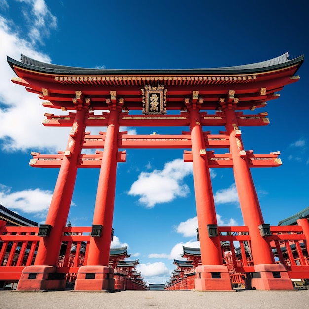 illustration of vibrant temple gate torii contrasting against a blue