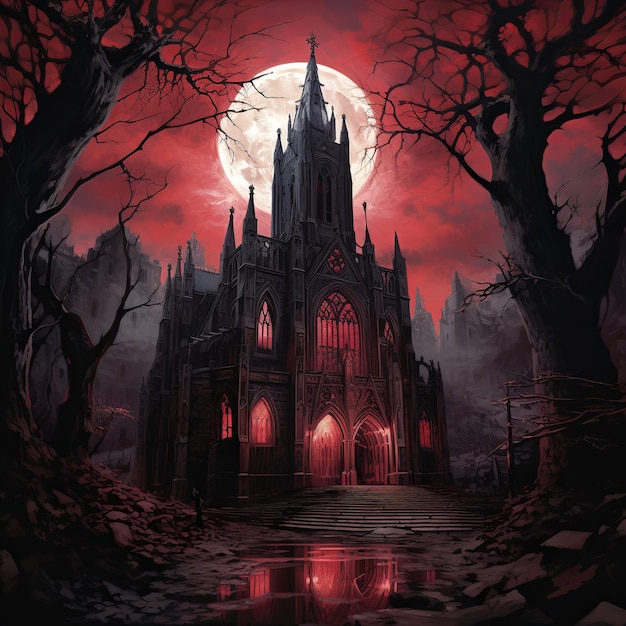 illustration of A victorian era cathedral at night below a dark red