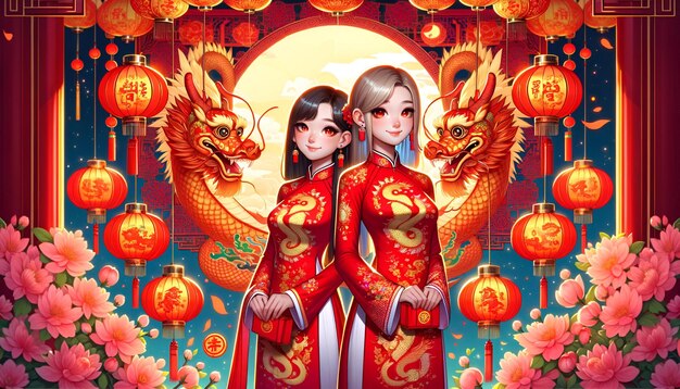 illustration for the vietnamese lunar new year celebrating year of the dragon in a cartoon style