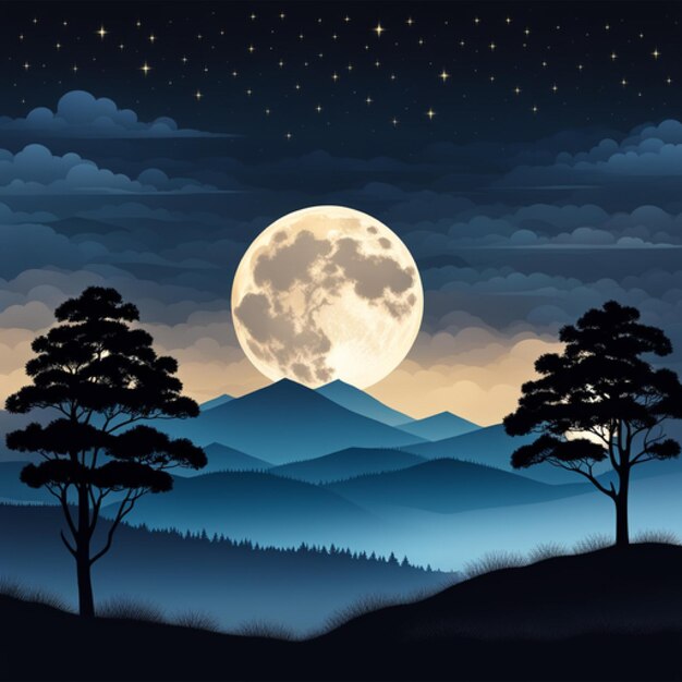 Photo illustration of a view of a hill with a large tree at night