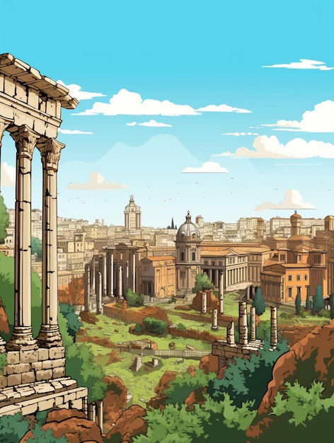 Illustration of a view of a roman city with ruins and a clock tower generative ai