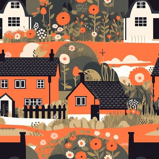 Illustration of a village with a fence and flowers in the foreground generative ai