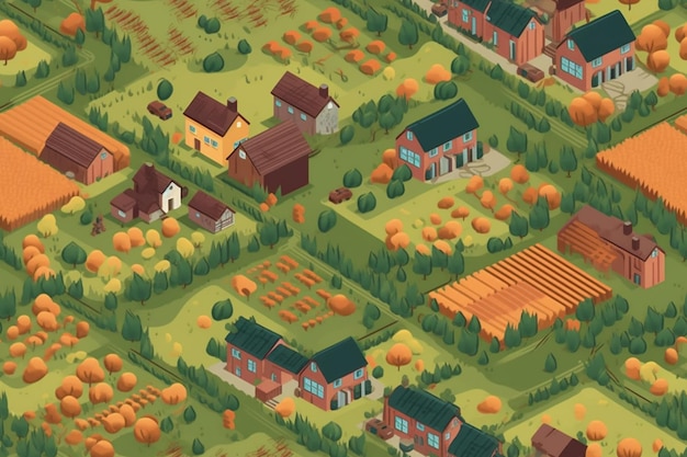 An illustration of a village with a lot of houses and trees.