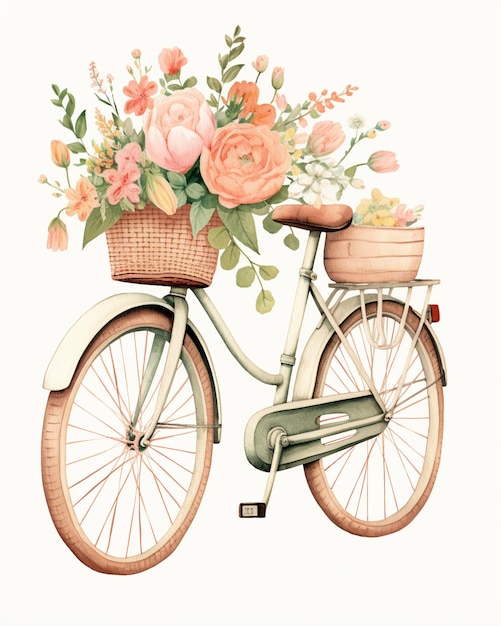 ハンドルバーに花のバスケットが付いたビンテージ自転車のイラスト