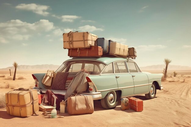 Illustration of a vintage car loaded with suitcases to go on a long journey Ai generated