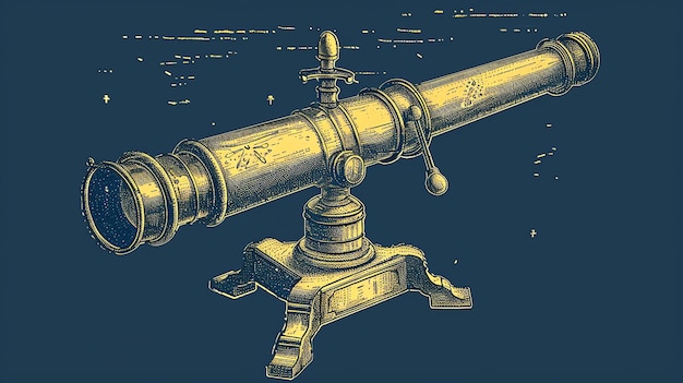 An illustration of a vintage telescope The telescope is made of brass and has a long barrel It is mounted on a tripod