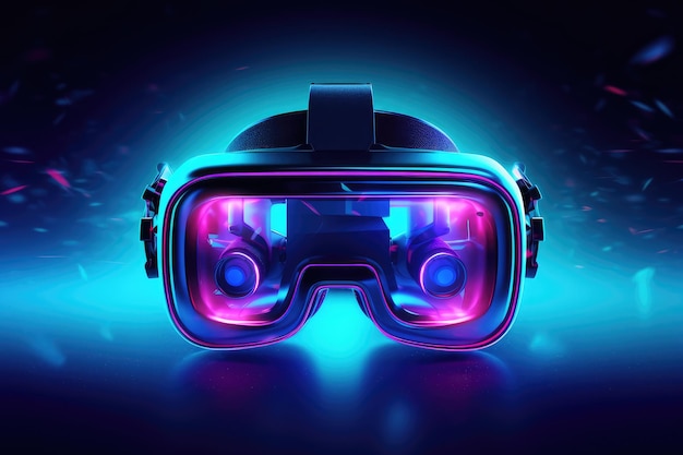 illustration of a virtual reality headset with neon lights on a dark background Generative AI