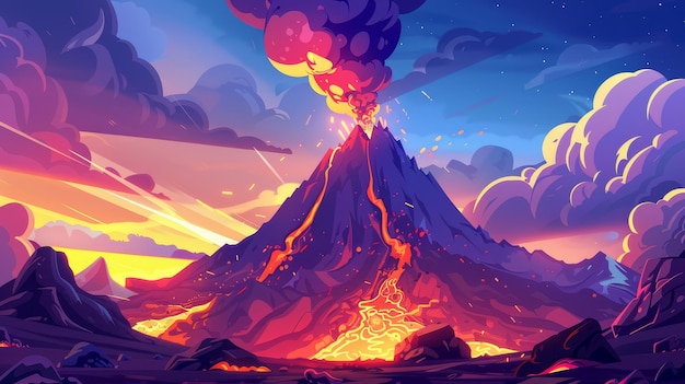Photo illustration of a volcanic eruption with heat fire smoke ash and gases a landscape with rocks a mountain with a crater and flows of magma at sunset