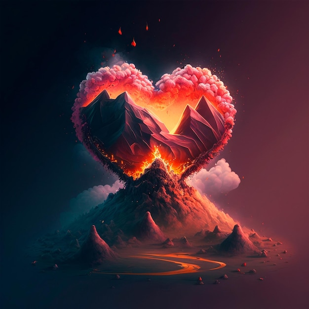 Иллюстрация извержения вулкана в форме сердца