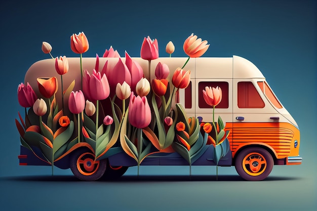 Illustration of wagon full of flowers delivery for mother day concept AI