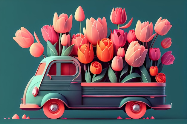 Illustration of wagon full of flowers delivery for mother day concept AI