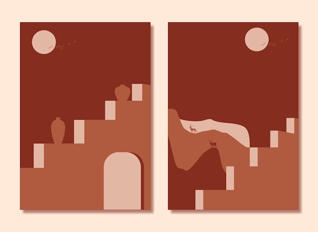 illustration wall frame canvas flat art mountains moon deers in night landscape minimalist design