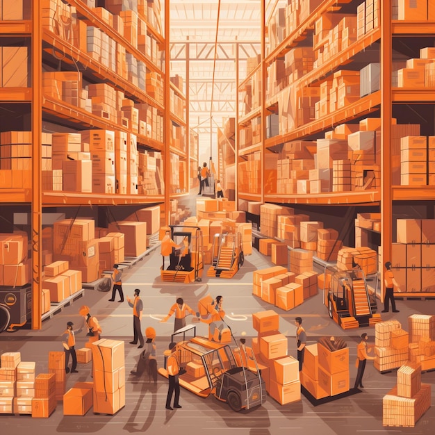 An illustration of a warehouse with boxes and a man working on a cart.