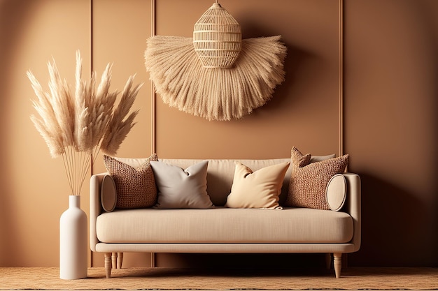 Illustration of a warm toned living room interior wall mockup with a beige linen sofa dried Pampas grass woven basket lamp and boho style accents on an empty wall background