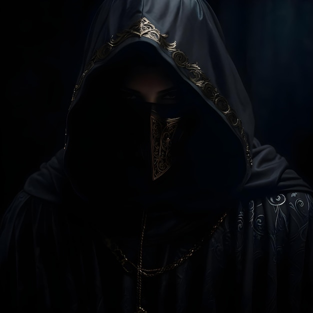 Foto illustrazione di un guerriero con la faccia nascosta che indossa un mantello scuro