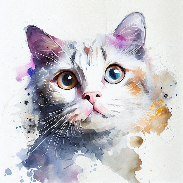 Illustration of water colour painted cute cat