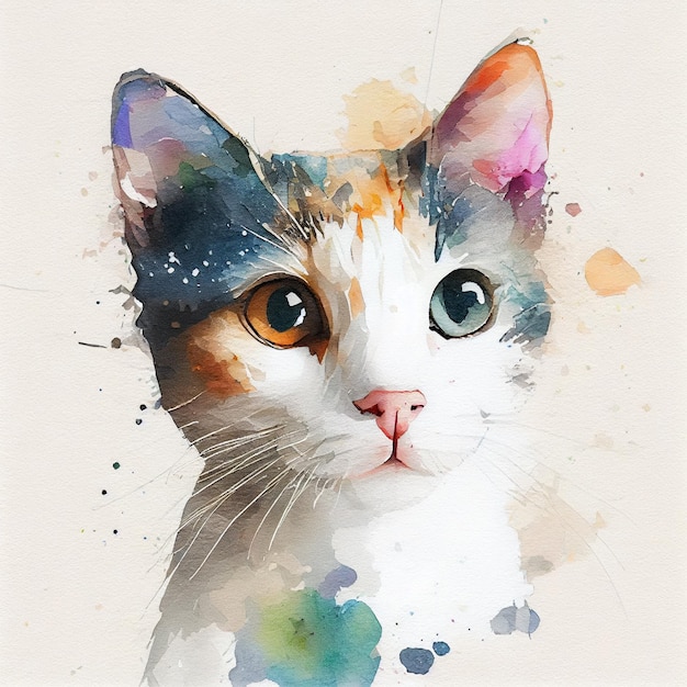 Illustration of water colour painted cute cat