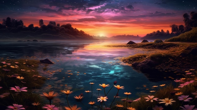 Illustration of water lilies in a serene nighttime pond