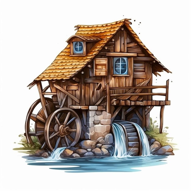 滝のある水車小屋と木造住宅のイラスト 生成ai