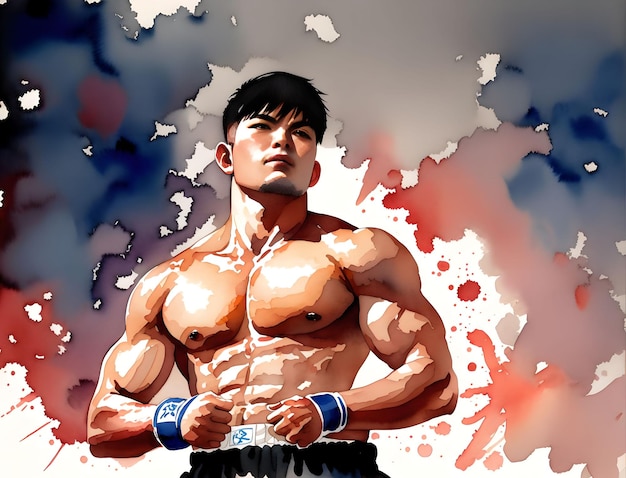 Illustration watercolor asian man boxer generative art by AI