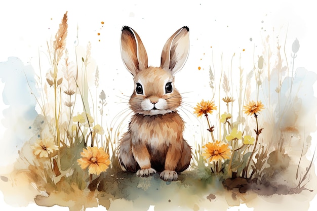 카메라를 바라보며 꽃밭에 앉아 있는 아기 토끼의 수채화 그림 흰색 배경에 격리된 행복한 웃음 보호 보육 스타일 중립 색상