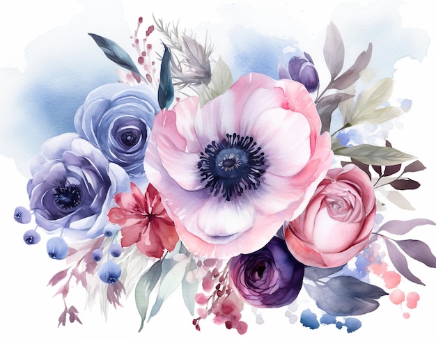 美しい花の花束のイラスト水彩