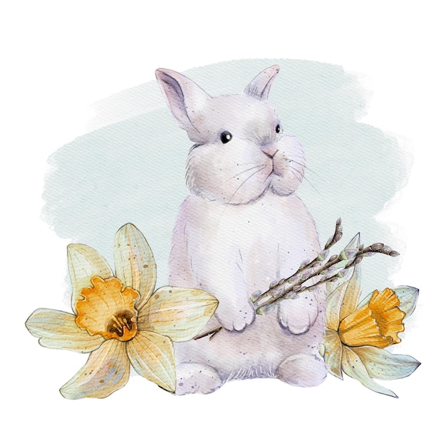 illustration of a watercolor bunny sitting next to daffodils against a pastel background perfect for