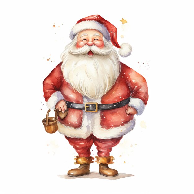 illustration of watercolor cartoon santa clause standing with his hand