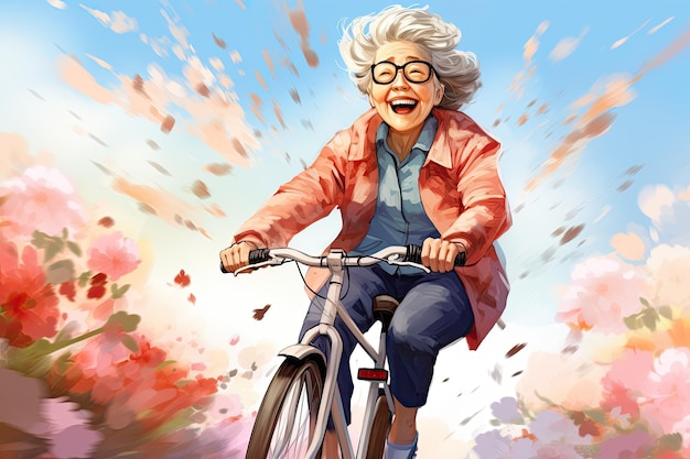 Иллюстрация акварель веселой бабушки едет на велосипеде
