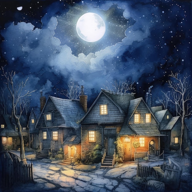 Illustration Watercolor Detailed Night Scene