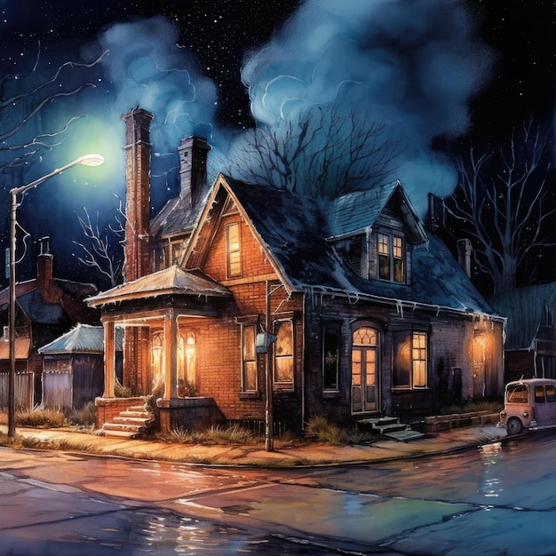 Illustration Watercolor Detailed Night Scene