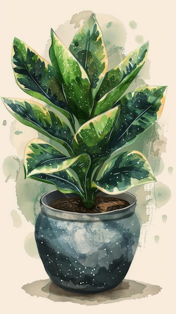 Photo an illustration of a watercolor dieffenbachia plant in a pot with a white background