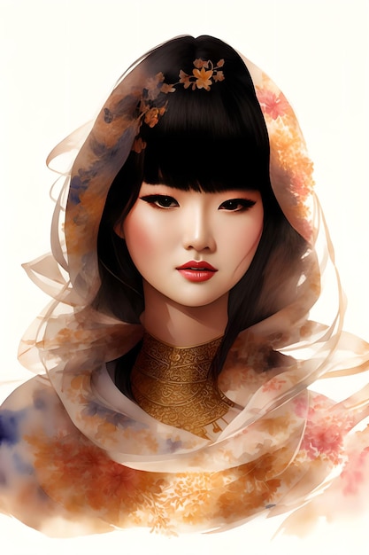 Illustration watercolor drawing portrait asian woman generative art by AI