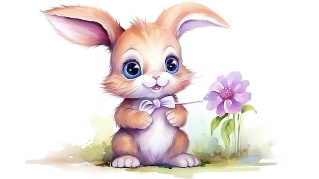 иллюстративный акварельный рисунок очень милого кролика или кролика с цветами в лапах на лужайке