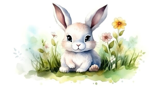 芝生の上の足に花を持つ非常にかわいいウサギまたはバニーのイラスト水彩画